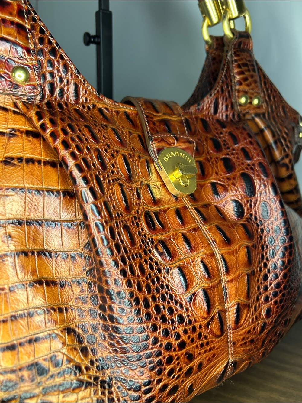 Brahmin Melbourne Elise Pecan Croc Embossed Satchel Bag - Picture 3 of 13